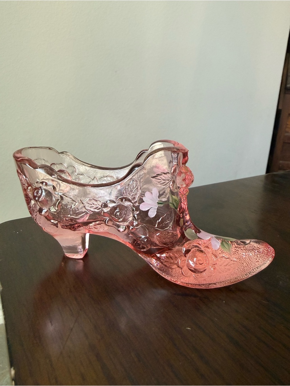 Fenton Glass Art Hand Painted Signed Pink Cabbage Rose Shoe Slipper Vintage